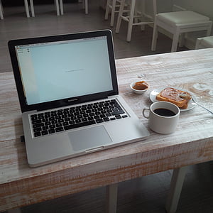 Kawa, chleb, komputera, śniadanie, laptopa, stół, Kawa - napój
