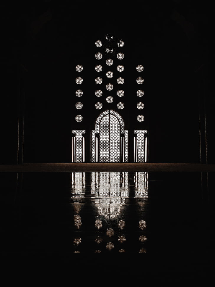 lumina, streaming, Moscheea, sticlă, usa, reflectând, negru