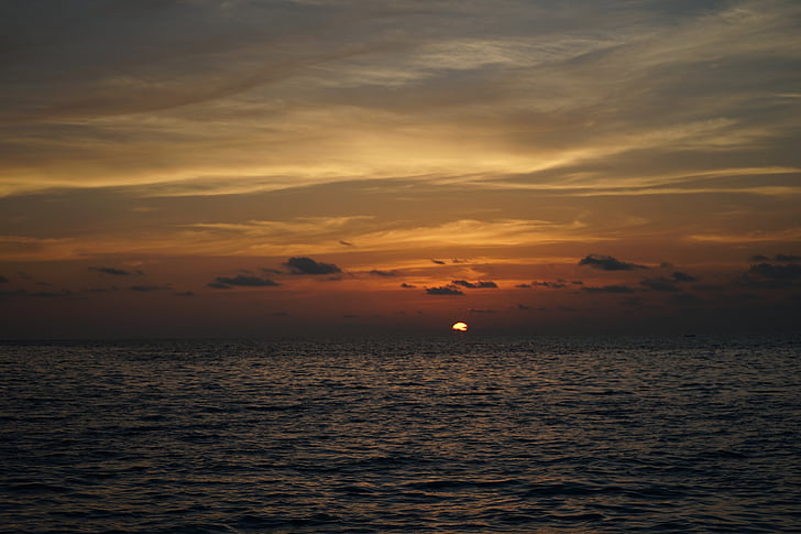 saulriets, pludmale, jūra, vakarā, Maldīvija, blāzma, saules