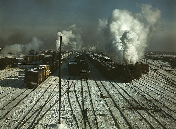 Railroad yard, vinter, snö, kalla, tåg, landskap, industriella