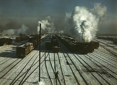 vasútvonal-udvar, téli, hó, hideg, vonatok, táj, ipari