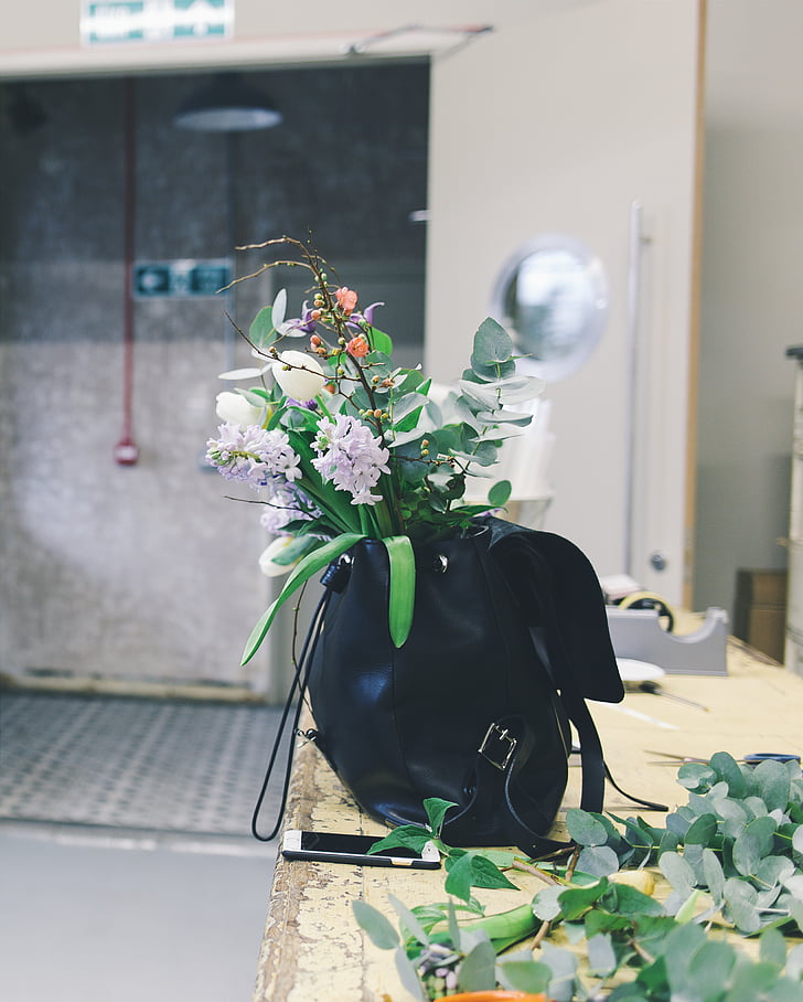 backpack, decoration, flora, flower arrangement, flowers, table