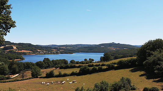 sjön, Pannecière, blå, Nièvre, Lake reservoir, Morvan, vattenretention