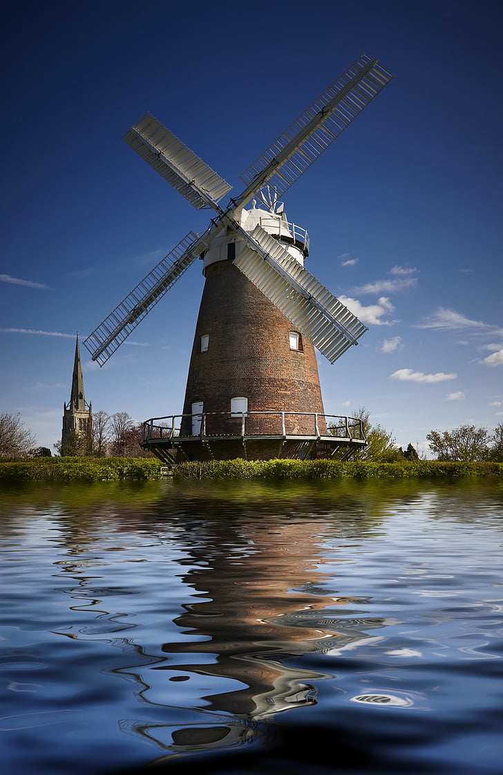 Windmill, vatten, kyrkan, jordbruk, landsbygd, vind, landskap