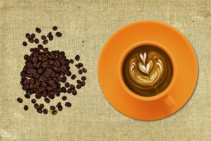 καφέ, Κύπελλο και πιατάκι, μαύρο καφέ, χαλαρά κόκκους καφέ, χαλαρά φασόλια, κόκκοι καφέ, φασόλια