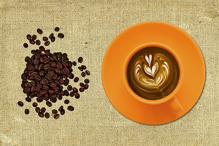 café, taza y plato, café negro, sueltos los granos de café, granos sueltos, granos de café, frijoles