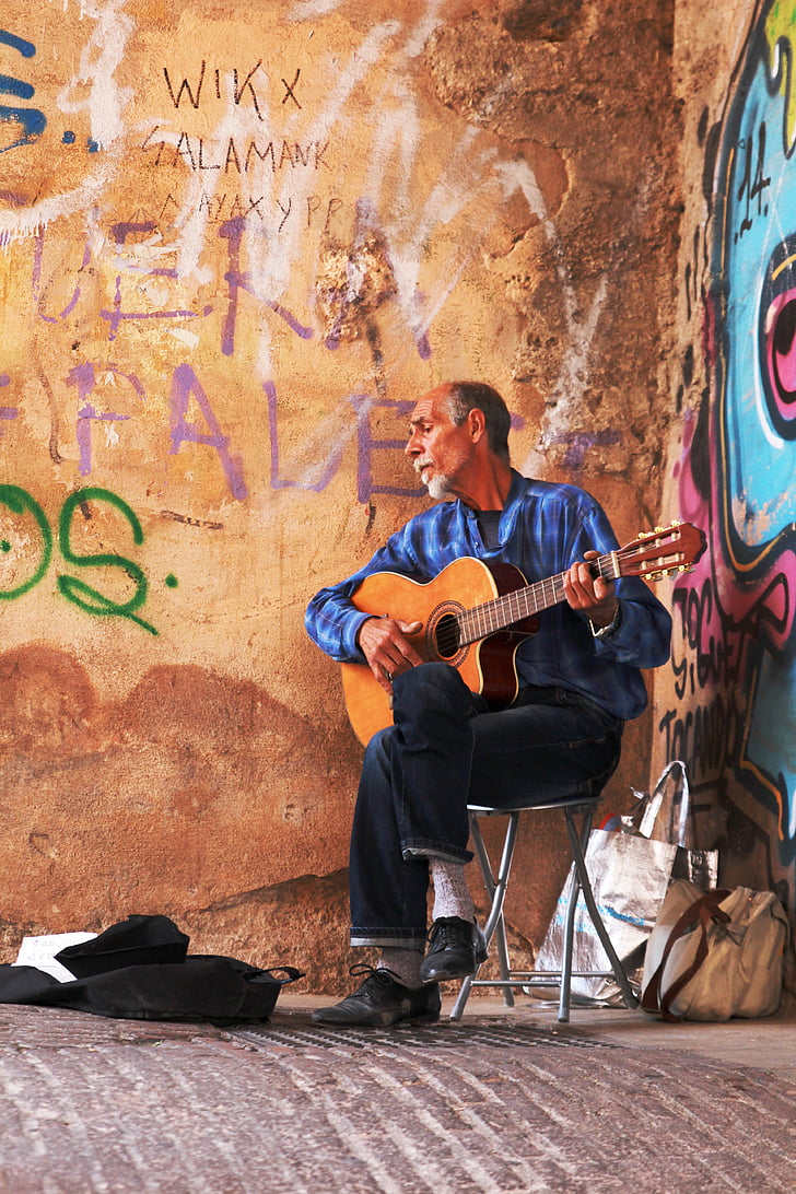 graffiti wall, guitar, street art, street artist, musician, man, culture