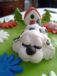 pyragas, gimtadienis, šuo, svajonė, miega, nosies, gėlės