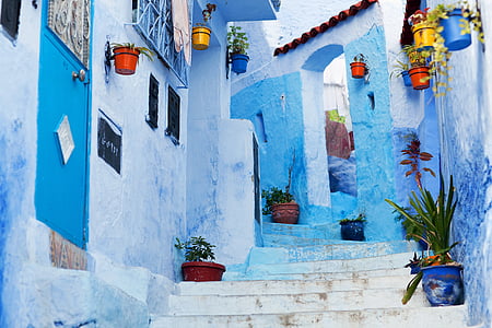 Chefchaouen, nordul Maroc, Chaouen, oraşul vechi, clădiri zugrăvite albastru, construit structura, albastru