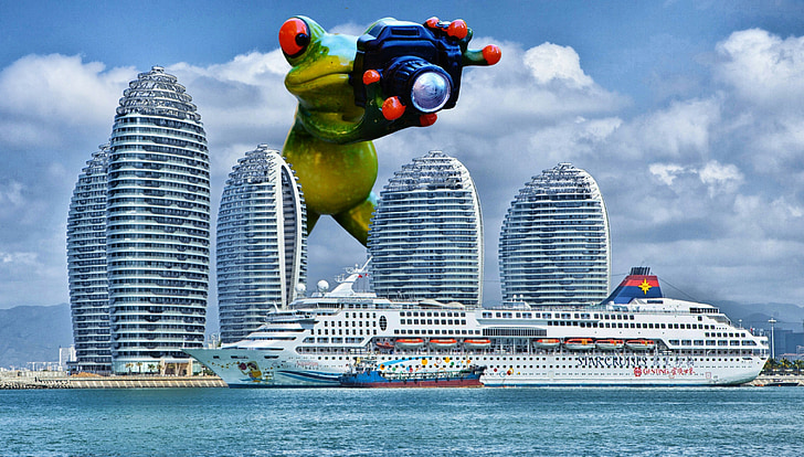 frog, photographer, giant, funny, cruise ship, ship, hainan
