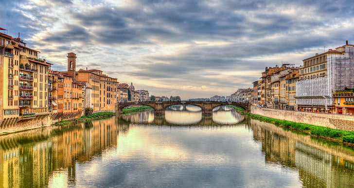 řeky Arno, Florencie, Itálie, reflexe, řeka, Středomořská, mraky