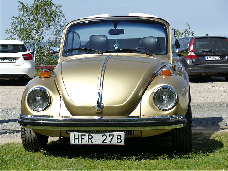 Volkswagen, bil, guld, gräs, träd, Sky, retro stylad