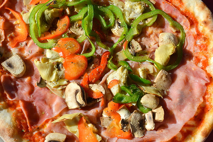 pizzes, verdures, aliments, font d'alimentació, saborosa, cort, pernil serrà de pizzes