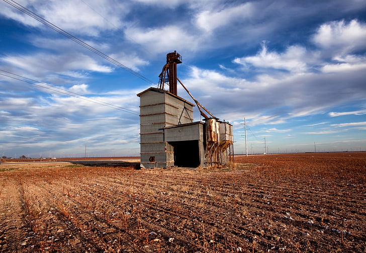 wastella, texas, grain elevator, abandoned, sky, clouds, field
