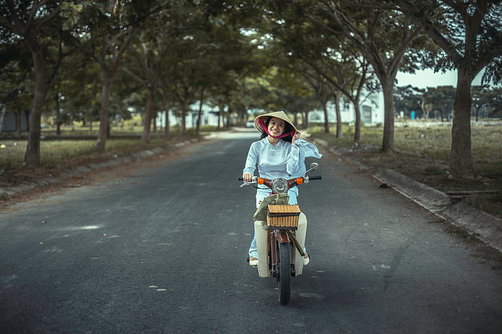 woman, moped, asia, vehicle, transport, person, smiling