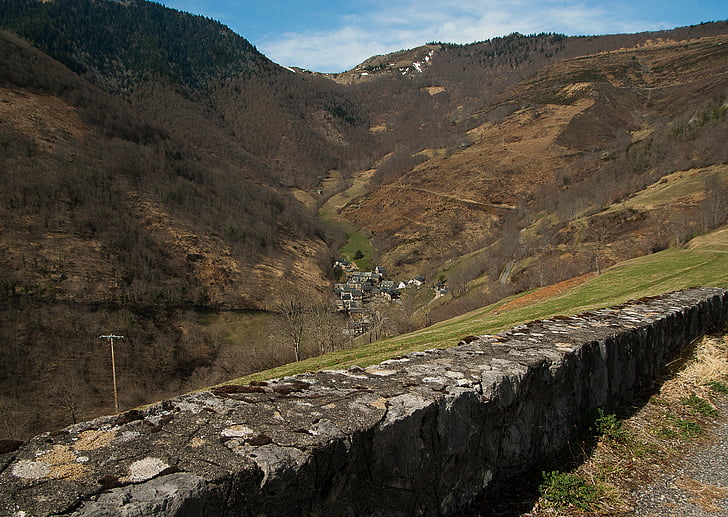 Pyrénées, Béarn, Prejsť aspin, Village, Valley, Mountain, pohorie