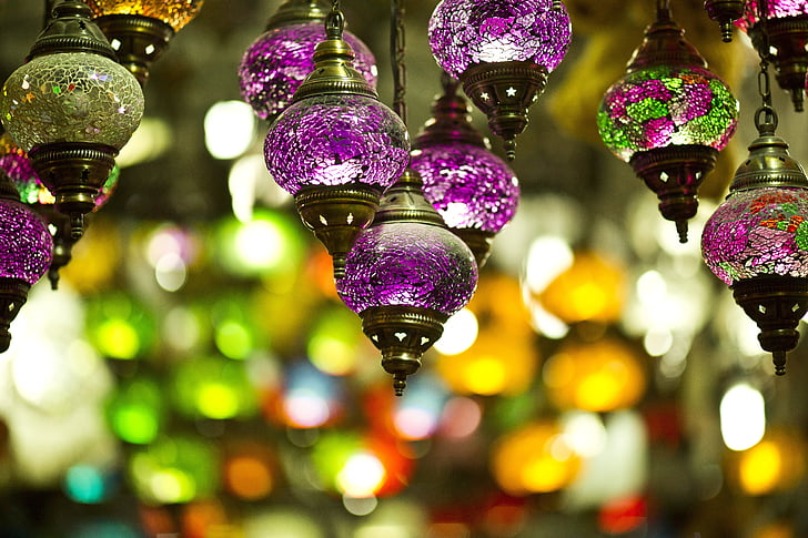 light, color, chandelier, lamp, purple, yellow, macro