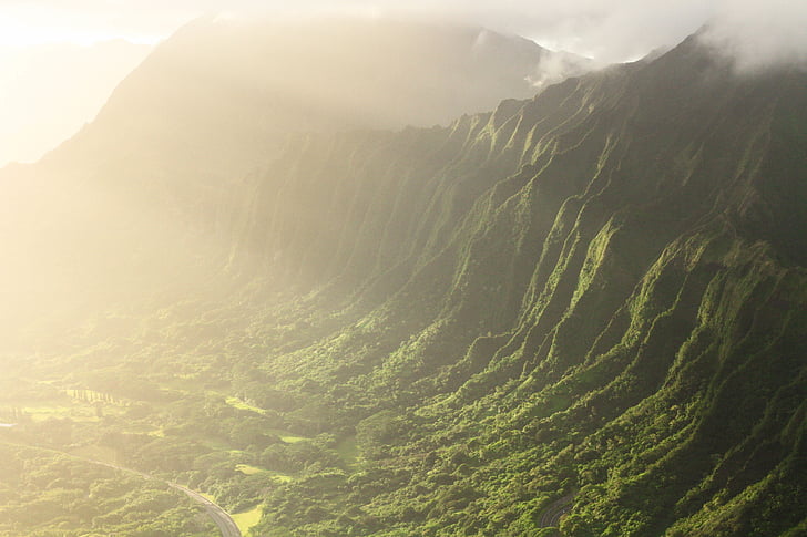 aerial, photography, green, mountain, surrounded, fog, daytime