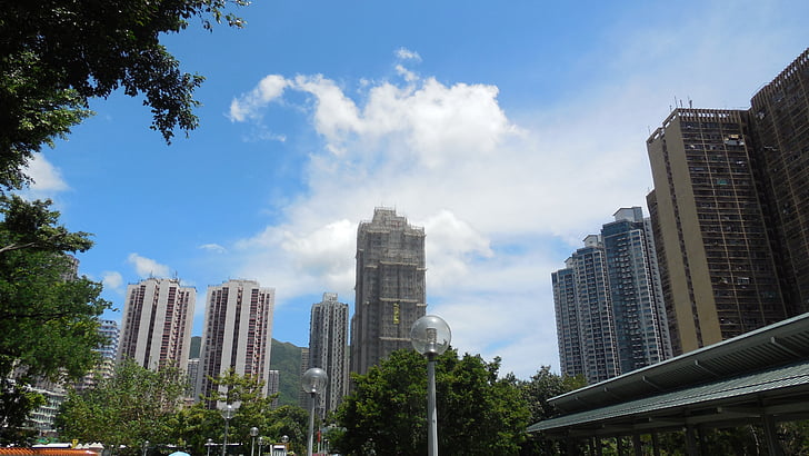 hong kong, Skyline, felhőkarcoló, nyári, város