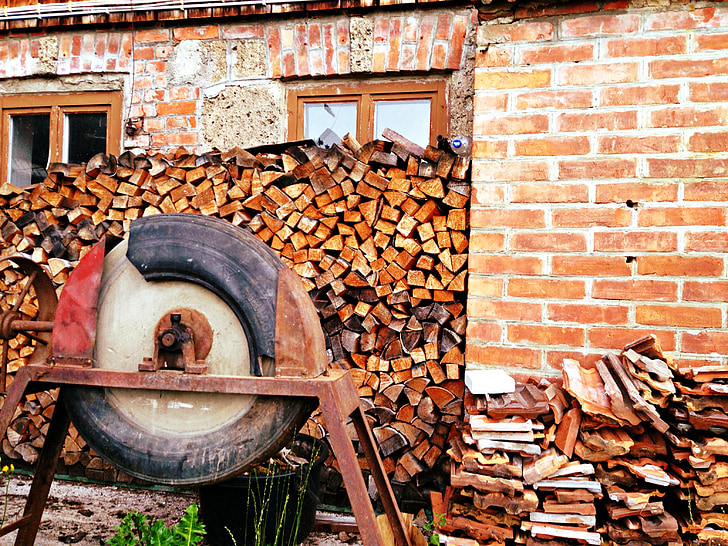saw, firewood, old, brick, wall - Building Feature, architecture