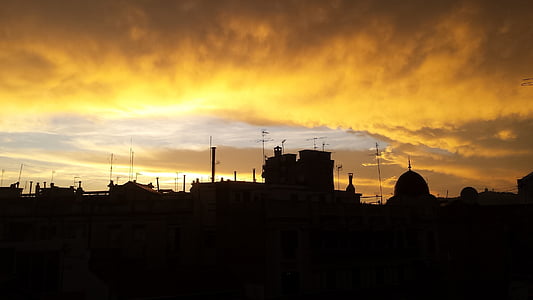 Barcelona, zalazak sunca, grad, urbane, siluete, antene