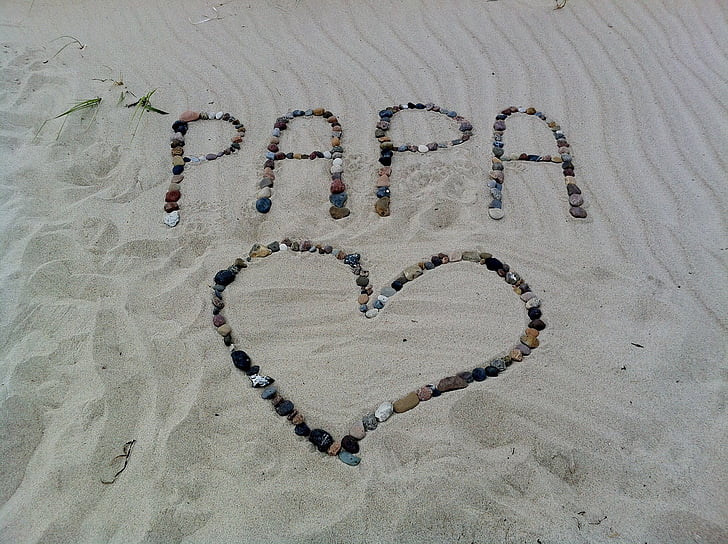 Papa, teckensnitt, hjärtat, stenar, kärleksförklaring, Sand, stranden