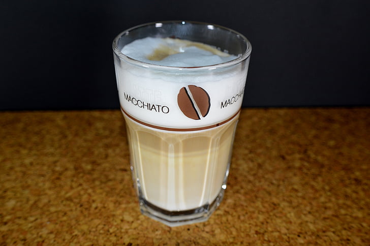 kávé, üveg, előnyös, ital, latte macchiato, hab