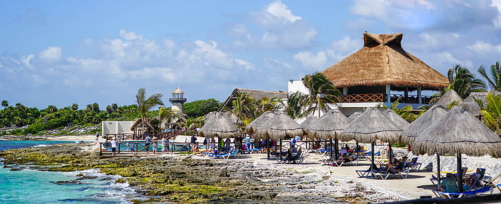 Cozumel, Mexikó, Beach, trópusi, kunyhók, tengerpart, Karib-szigetek