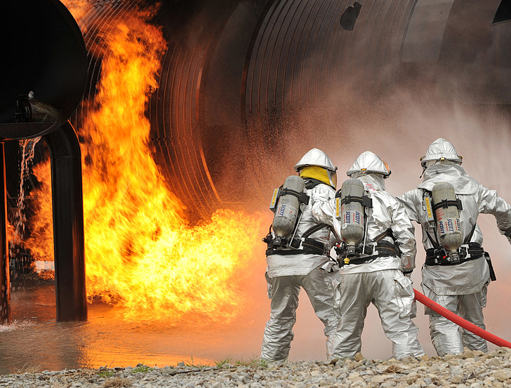 gasilci, usposabljanje, živeti, ogenj, pod nadzorom, varstvo, nevarnost