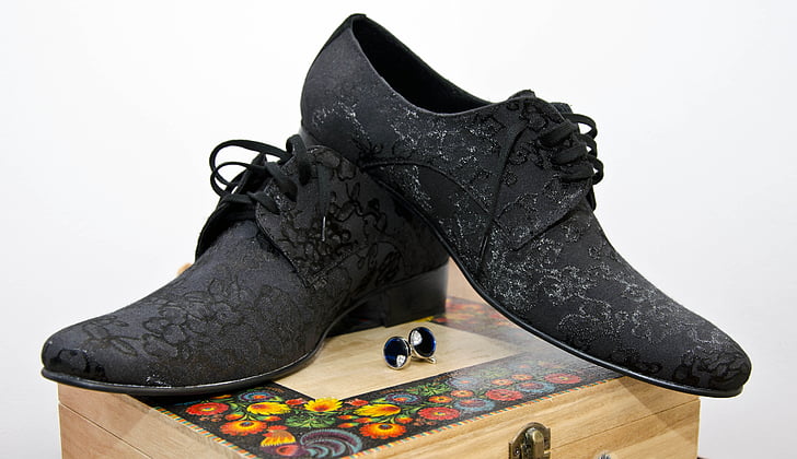 sko, knapper, brudgommen, figur, fottøy, svart, kreative