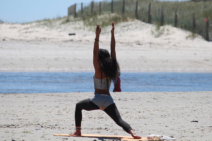 Yoga, femme, plage, détente, sable, sportive, belle