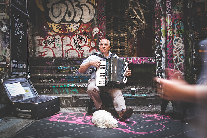 artista de carrer, músic, música, instrument, acordió, ciutat, urbà