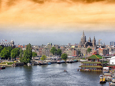Amsterdam, Holland, bygninger, arkitektur, HDR, træer, floden