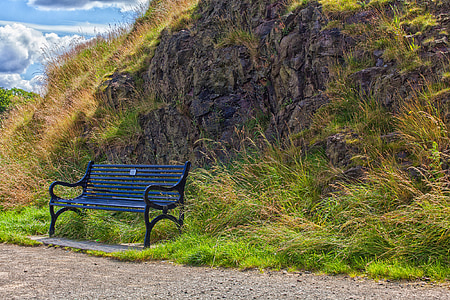scotland, bench, seaside, hdr, sky, clouds, resting spot