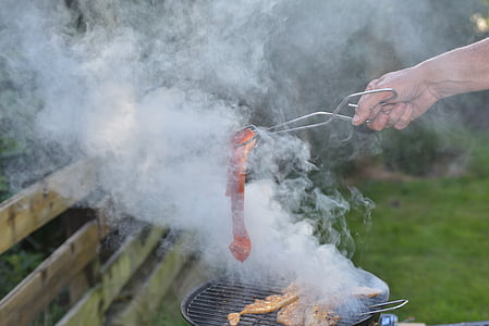 barbecue, carne, mano, fumo, caldo, fuoco, griglia