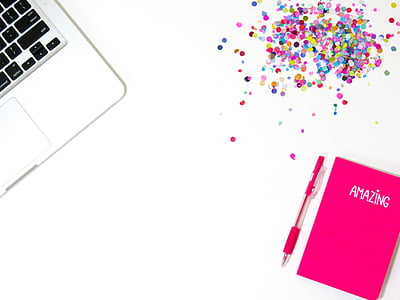 blogger photo, pink, journal, confetti, colorful, laptop, feminine