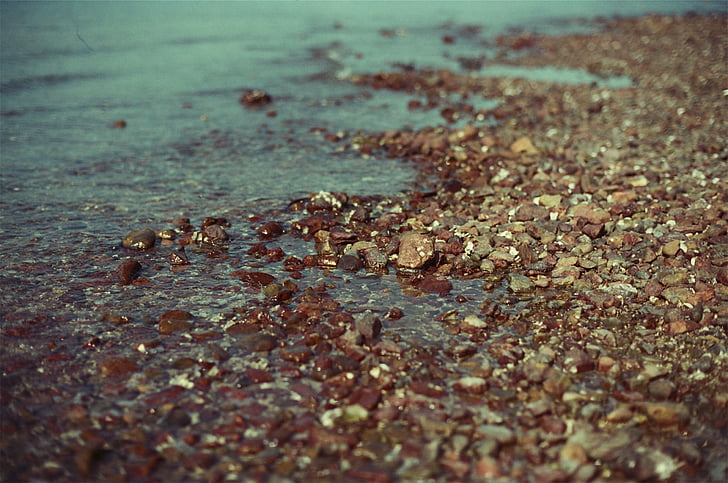 brown, stone, beach, rocks, pebbles, water, sea