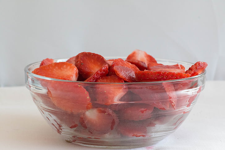strawberries, bowl of strawberries, kitchen, red, fruit, food, flavor