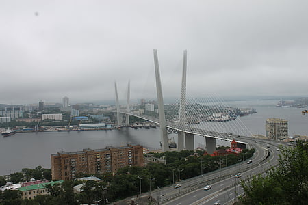 мост, Улица, город, облака, плохая погода, Владивосток, Золотой мост