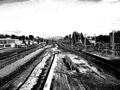 Treinstation, gleise, trein, bijhouden, het platform, gebouw, parallel