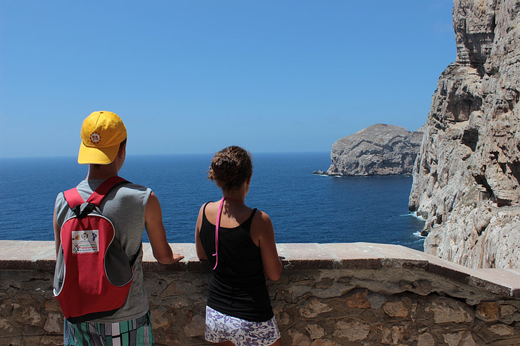 tourists, sea, cliff, holiday