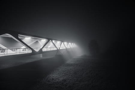 bridge, night, time, architecture, lights, evening, foggy