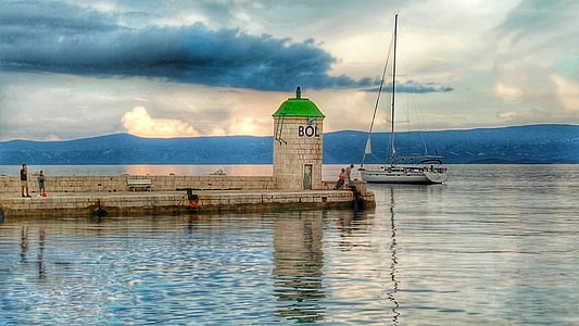 Faro, mar, noche, Croacia