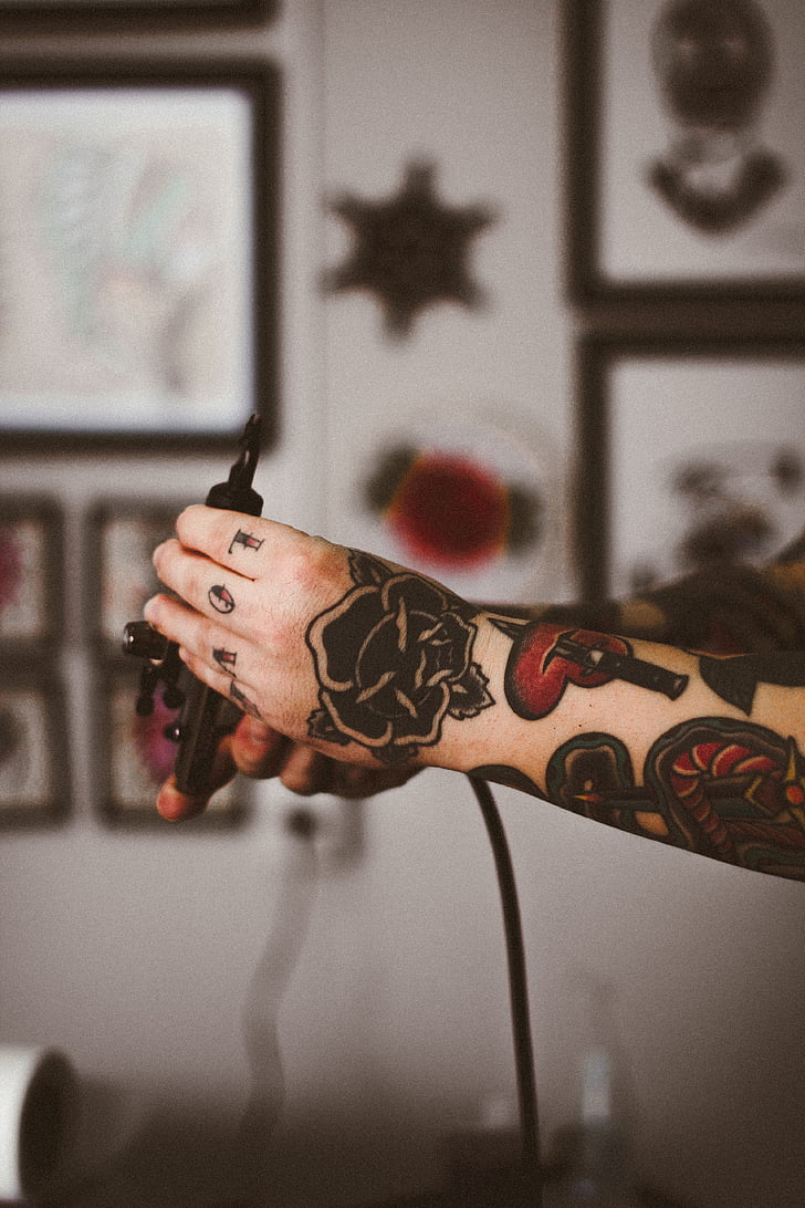 μαύρο, μελάνι, τατουάζ, χέρι, βραχίονα, σώμα, τατουάζ