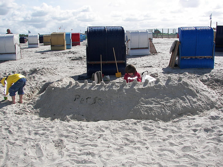 stranden, barn, spill, sandburg, sand, ferie, strand stol
