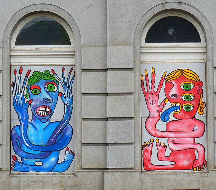 Praga, centro storico, finestra, Graffiti, Hauswand, Repubblica Ceca