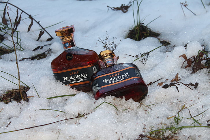 alkohol, snö, Cognac, flaska