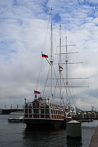 ship, sailing, masts, flags, russian, river, water
