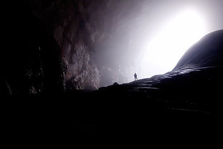 cave, light, person, rocky, silhouette, nature, outdoors