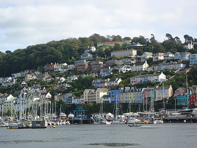 Dartmouth, Devon, csónakok, tengerparti, tenger, folyó, Kingswear